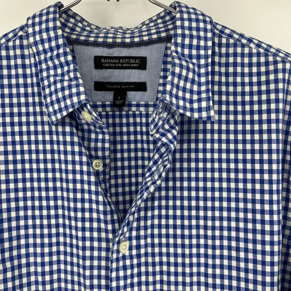 Banana Republic Mens custom 078 wash blue check button up‎ collared shirt (L)